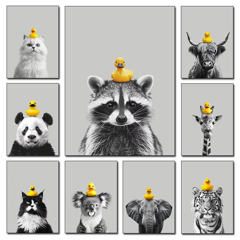 Chimp Elephant Tiger Highland Cow Raccoon Panda with Rubber Duck Poster Bathroom Wall Art Canvas Painting Home Decor Cuadros
