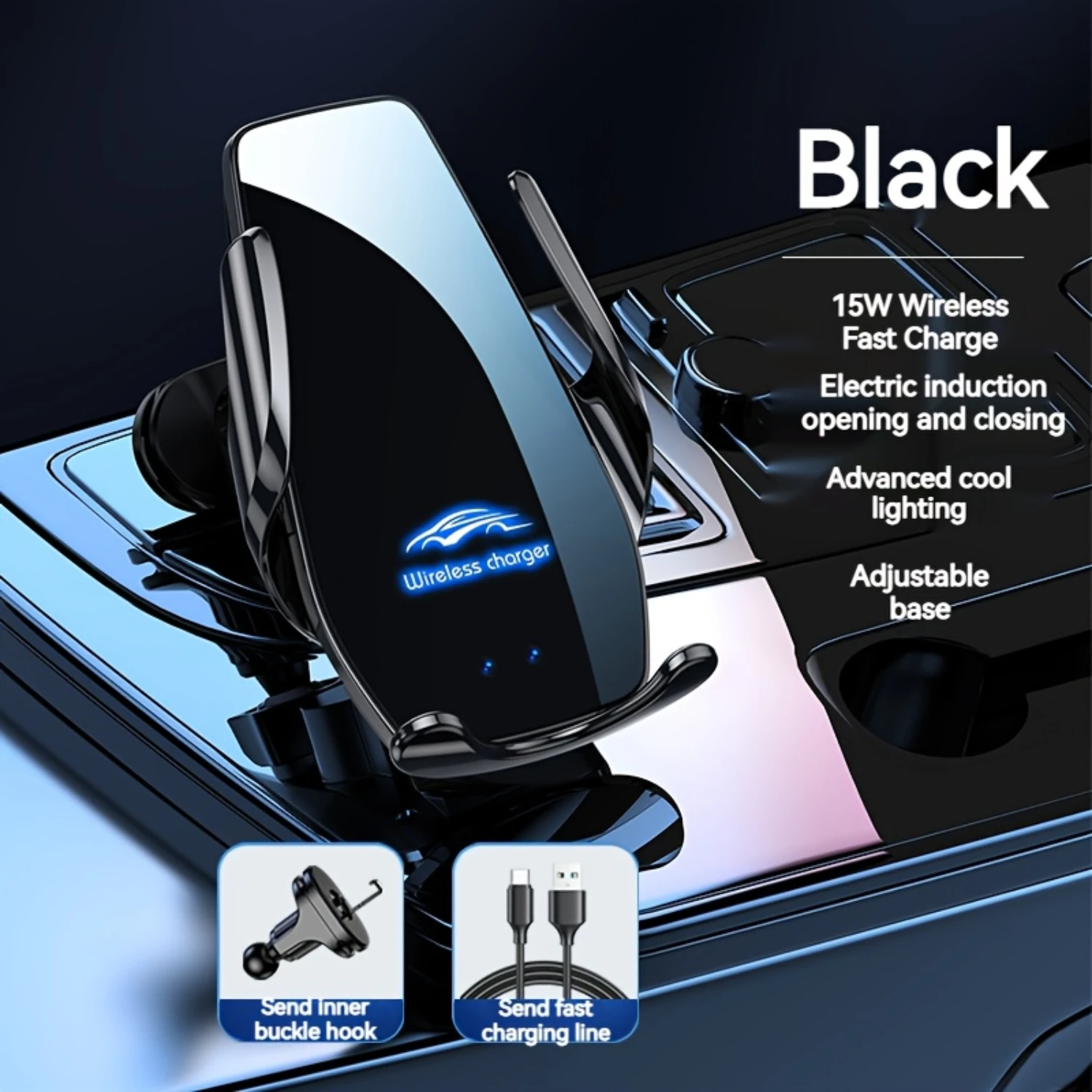 

15W Wireless Car Charger Mount D5, Induction Phone Holder with Advanced Cooling Lighting, Suitable for 4.7-6.8 inch Smartphones