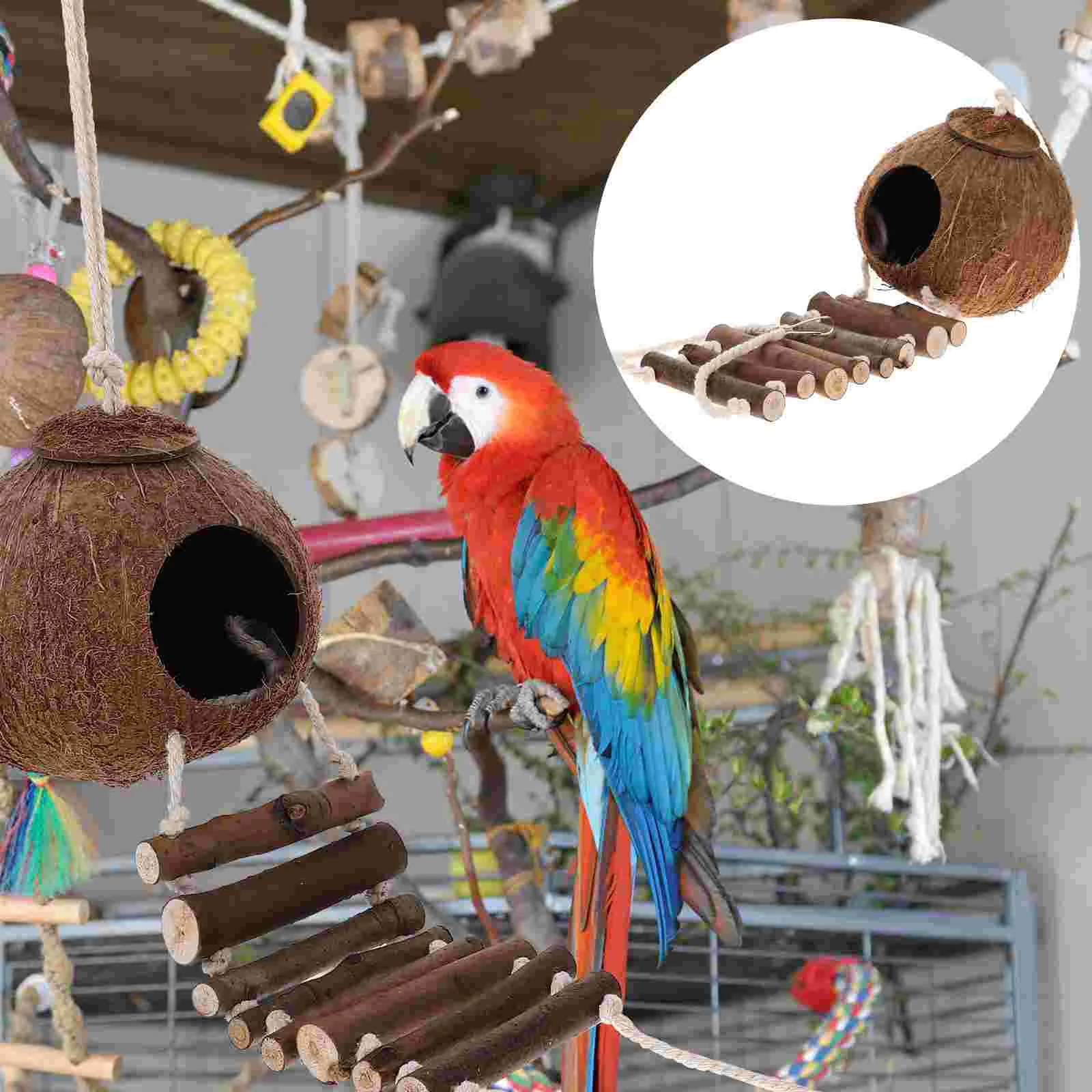 

Hermit Cave Habitat with Ladder Hanging Ring Coconut Shell Reptile Terrarium Decorate Wooden Resin Leopard Gecko
