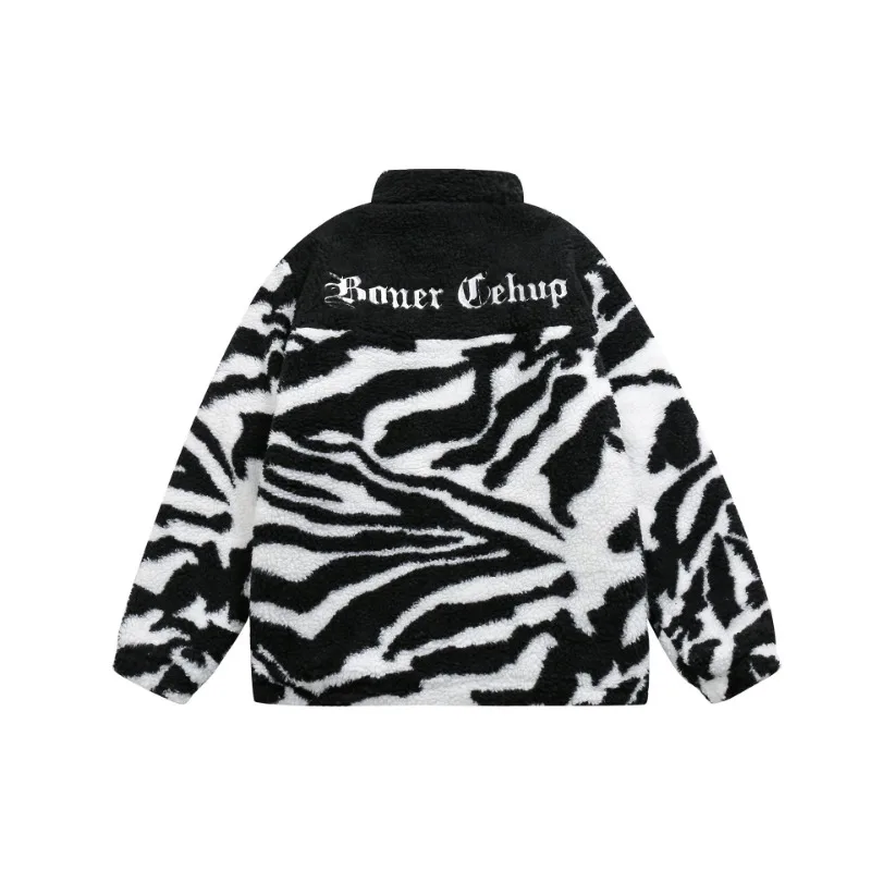 American Retro Men's Parkas Lamb Velvet Zebra Pattern Patchwork Jacket Women Thickened Cotton Jacket New Winter Couple Outfit