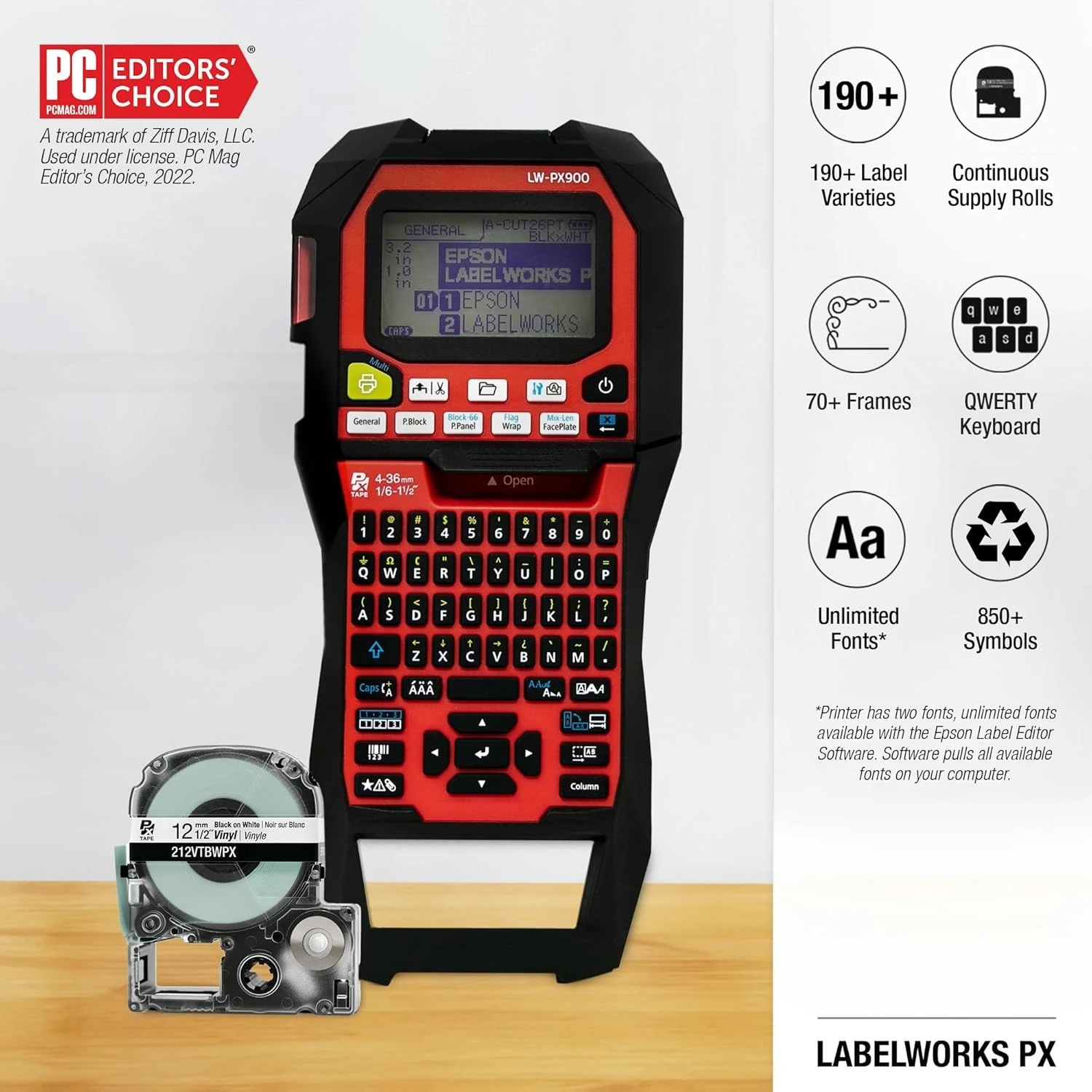 

LW-PX900PCD Промышленный набор для изготовления этикеток — полный комплект с аксессуарами, совместимый со всеми типами ленты PX