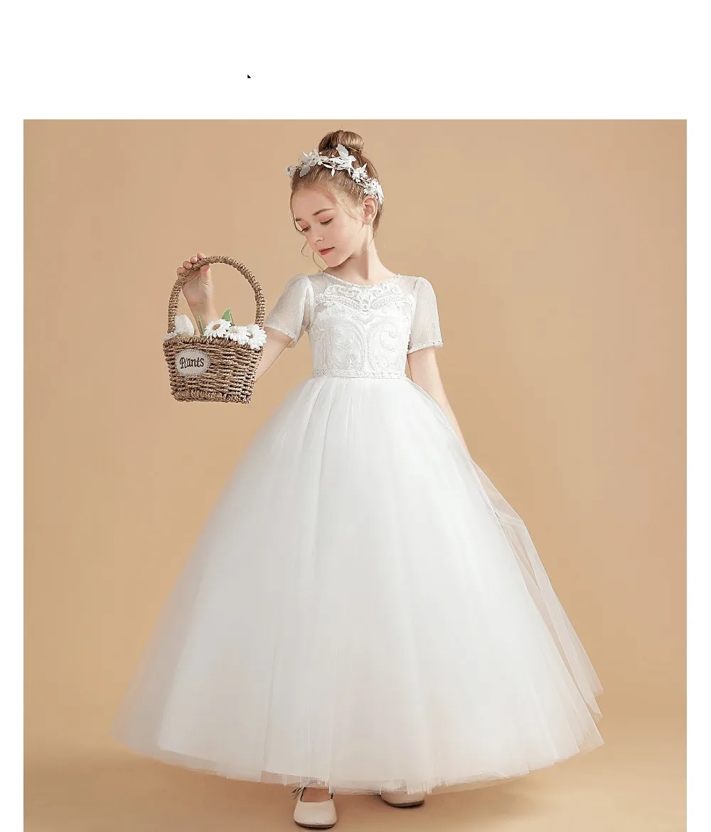 

Girl Dresses Elegant Ruffles Ball Gown Flower Girl Dresses Ivory Appliques Kids Princess For wedding Pageant Gowns Vestidos