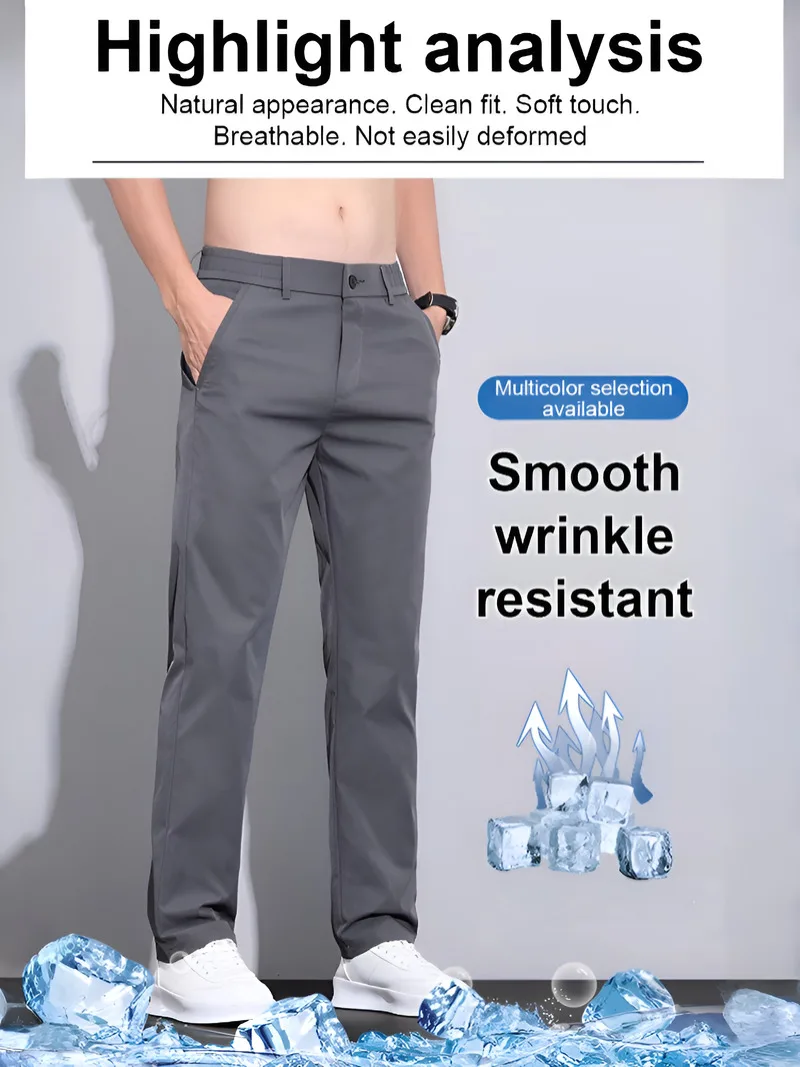Verano hielo seda hombres casual novedad de verano hombres rectos casual sueltos pantalones de hombre cinturón elástico cremallera larga