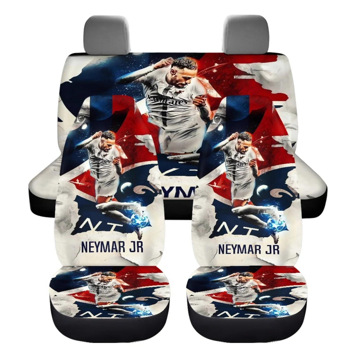 Football Player Ney-mar Print 7Pcs Car Accessories Easy Installation Seat Belt Steering Wheel Covers Front Back Seat Cover Set