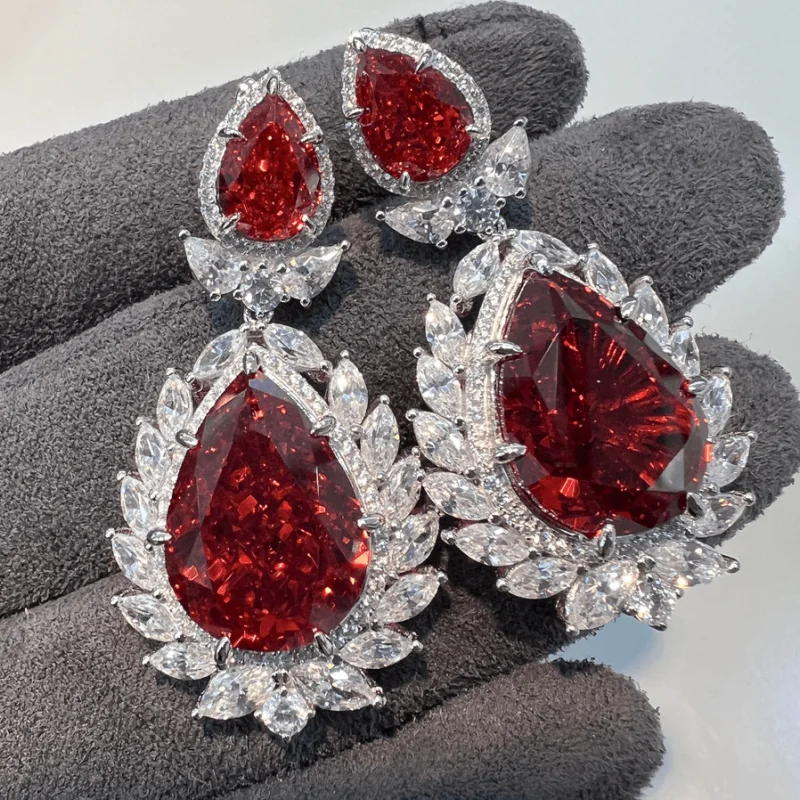 

ZOCA 925 Sterling Silver New Style Red Cubic Zirconia Big Water Drop Earrings for Women Bridal Wedding Jewelry