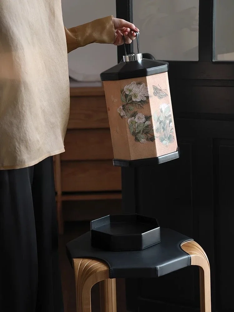 Embroidery new Chinese desk lamp touch wireless leather portable bedside night light
