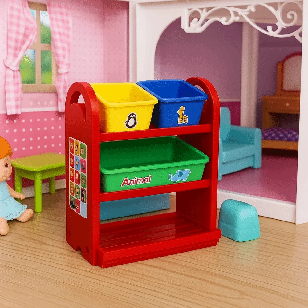 Estante de almacenamiento en miniatura para casa de muñecas, accesorios DIY, 3 cestas en miniatura, soporte de exhibición para casa de muñecas, ahorro de espacio, escala 1/6