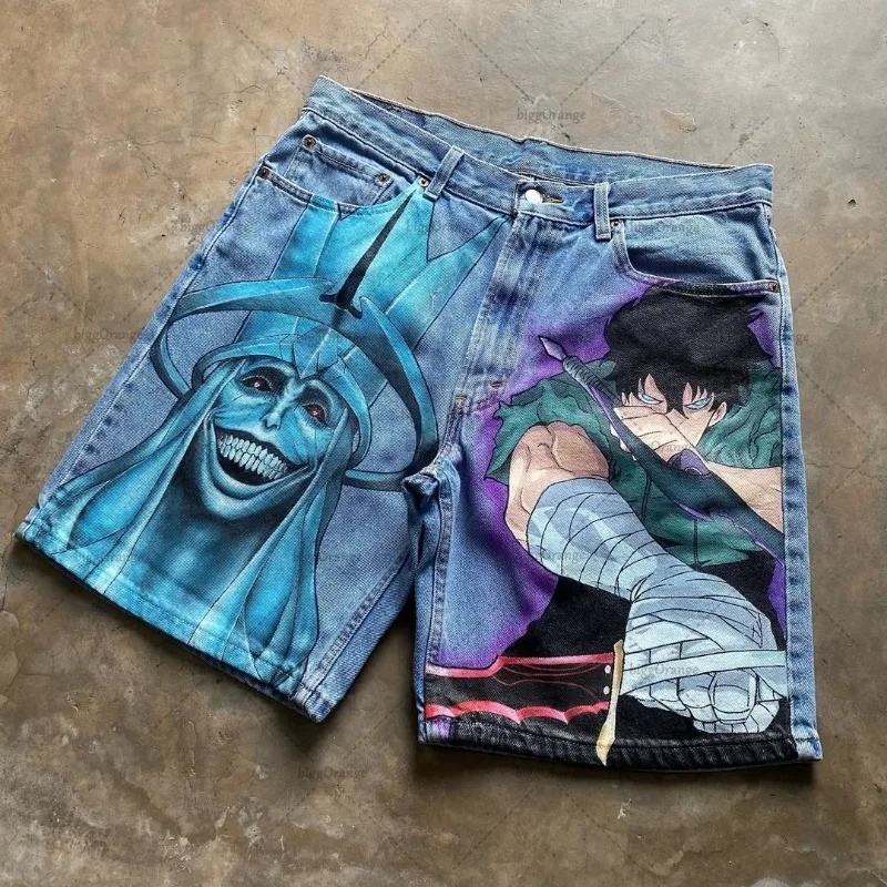 Ropa de calle de moda Retro americana Y2K Harajuku pantalones cortos vaqueros con estampado de Anime hombres gótico Punk Hip-hop pantalones rectos informales sueltos