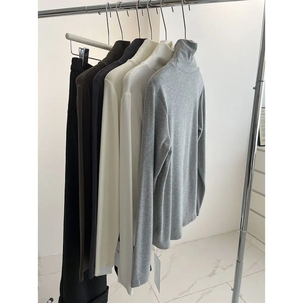 High Collar Fleece Brushed Texture Women's Base Shirt Long Sleeve Slim Fit Pure Color Inner Wear Korean Style Commute Fashion