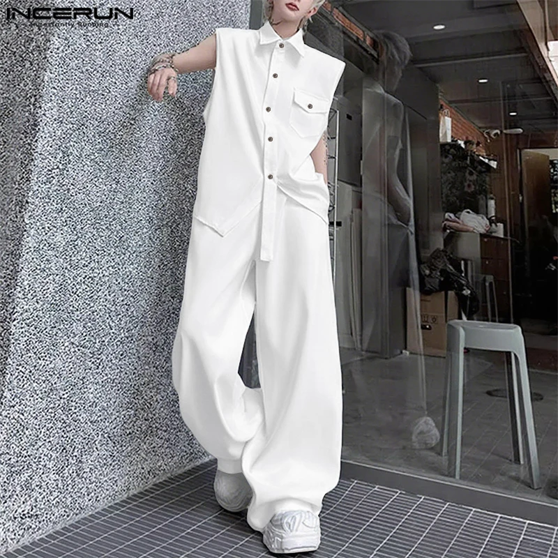 

INCERUN Men Sets Solid Color Lapel Sleeveless Shirt & Pants Two Pieces Sets Streetwear Loose Fashion Men's Casual Suits S-5XL