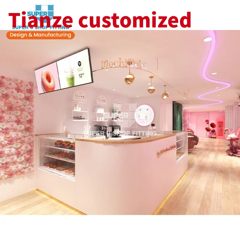 (customized)Pink Style Retail Drink Store Design Custom Milk Tea Store Interior Decoration Boba Tea Shop Counter Matcha Tea