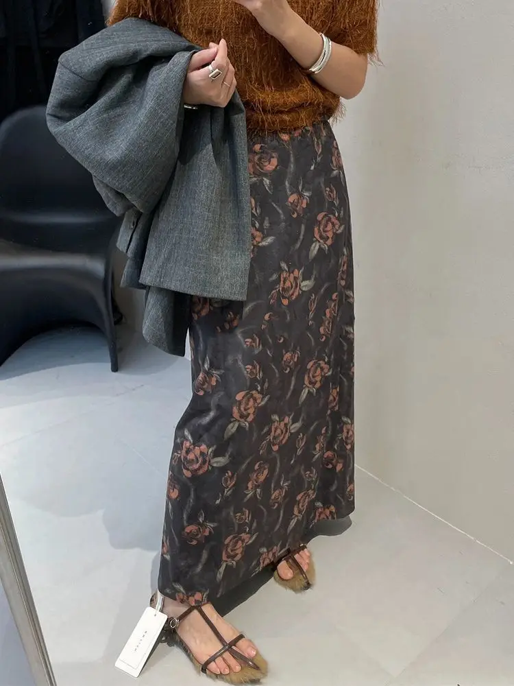 Trendy Elegant Brown Rose Print Midi Skirt Women Autumn New