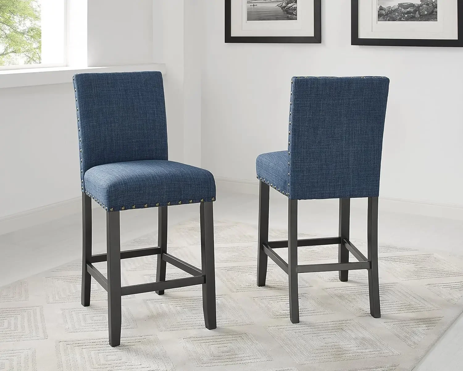 Coleção de móveis Biony Espresso Wood Counter Height Conjunto de jantar com bancos Nailhead de tecido azul,