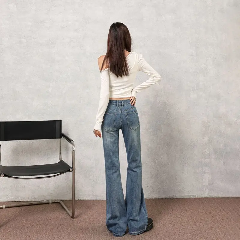 คอลเลกชันฤดูใบไม้ร่วงใหม่ของกางเกงยีนส์ทรงหลวมเอวกลาง-ต่ำสไตล์เรโทรเนื้อผ้าลายไม้ไผ่แบบอเมริกันสำหรับผู้หญิง