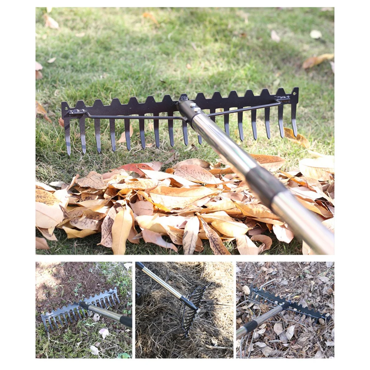 17 Steel Teeth Metal Head Rake Soil Scarifier with Stainless Steel Handle for Collecting Leaves and Leveling Your Lawn