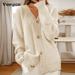 Autumn Winter Knitted Cardigan Women Casual Solid Long Sleeve V Neck Sweaters For Women Fashion Jacqard Jumper