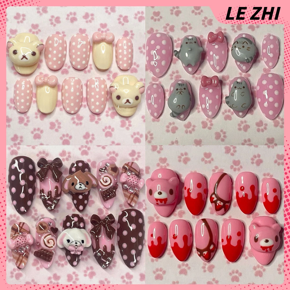 

3D Cute Polka Dot Sweet Animal Cat Panda Nails Tip Short Almond Music Note Self Adhesive Chocolate Cream Style Fake Nails