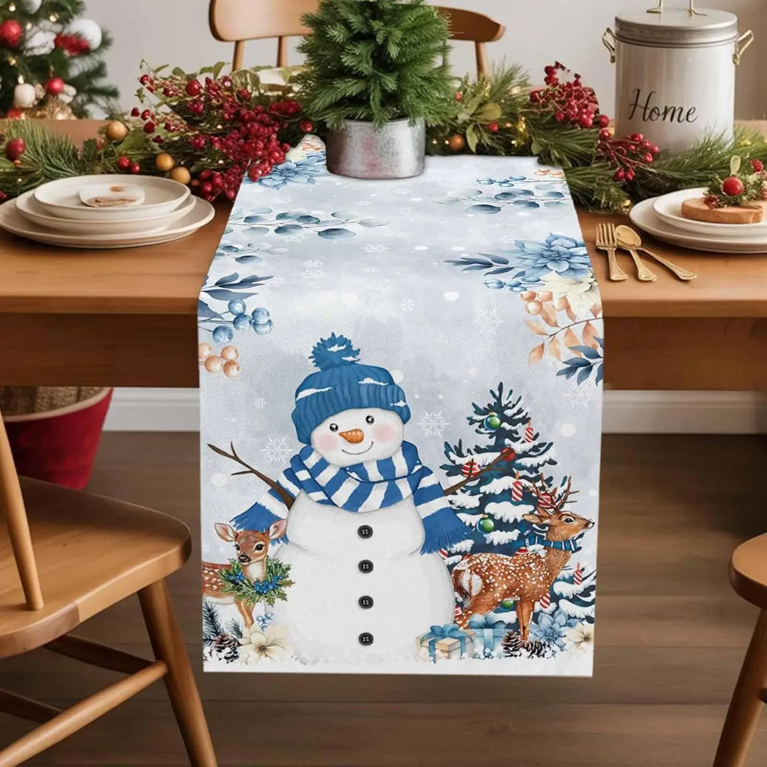 Christmas Snowman Elk Xmas Tree Table Runner Party Decor Reusable Winter Kitchen Dining Table Runner Christmas Decorations