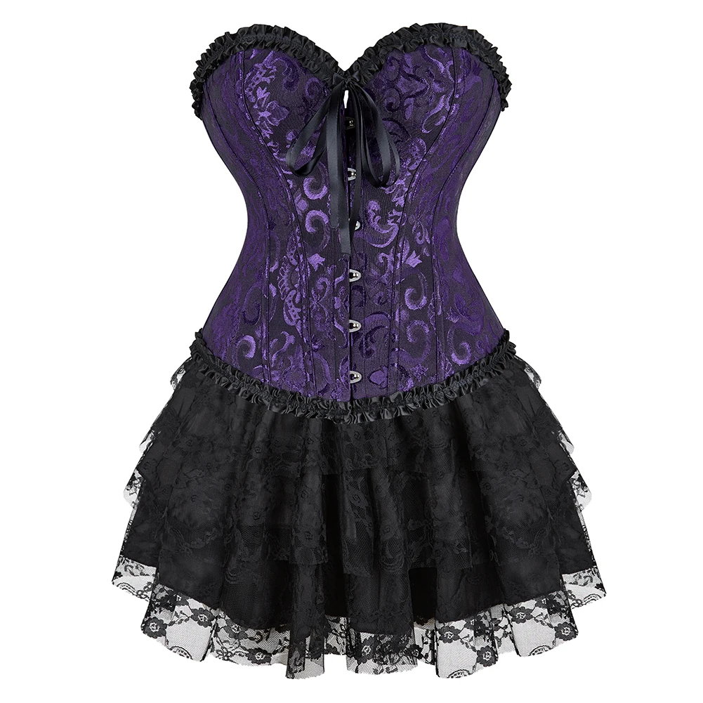 Corset Top with Skirt Overbust Corset Victorian Burlesque Costume Women Jacquard Strapless Corset with Dress Plus Size