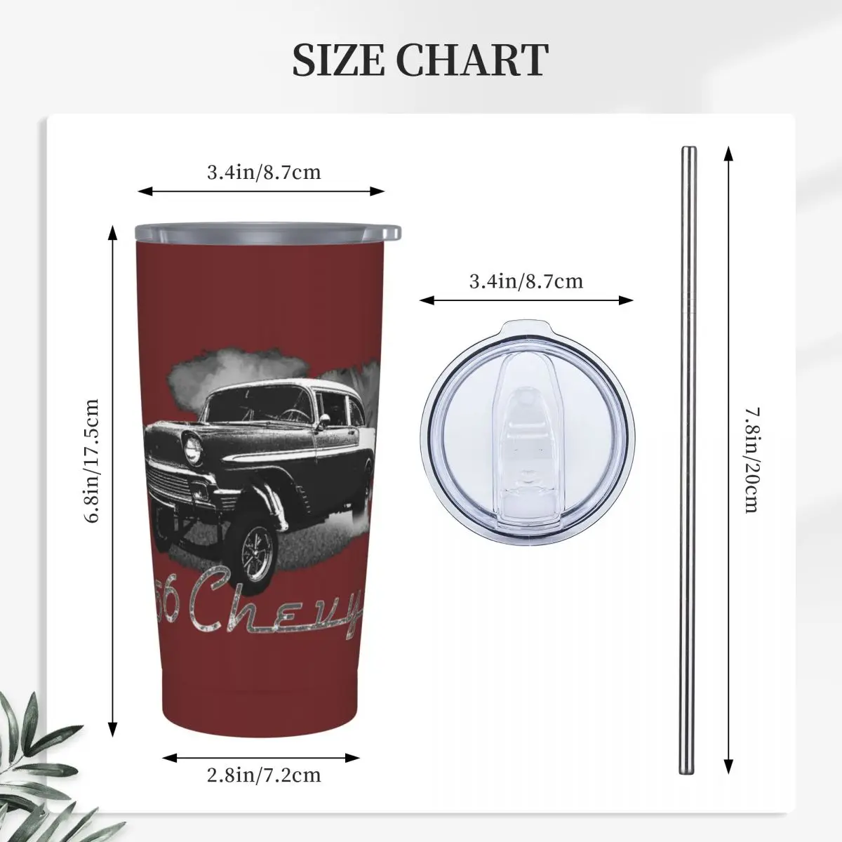 1956 Chevy-Bel Air Car Street Hot Rod Antique - Route 66 Stainless Steel Tumbler Vacuum Insulated Mugs Thermal Cold Cups Straw