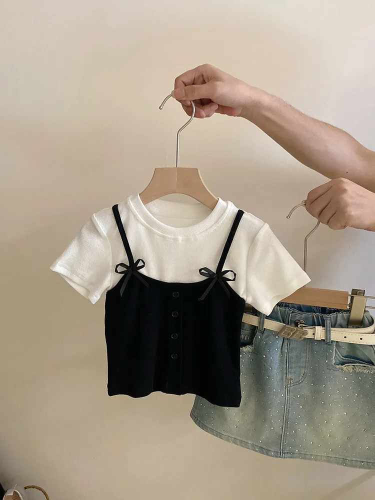 Skirts Simple Summer New Bow Knot Splicing Tops Cowboy Tide 2024 Childrens Clothing Round Collar Solid Fashion Sweet