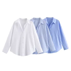 PB&ZA2024 Summer New Women's Wear European and American Style Fashion Versatile Solid Color Long sleeved Oxford Shirt