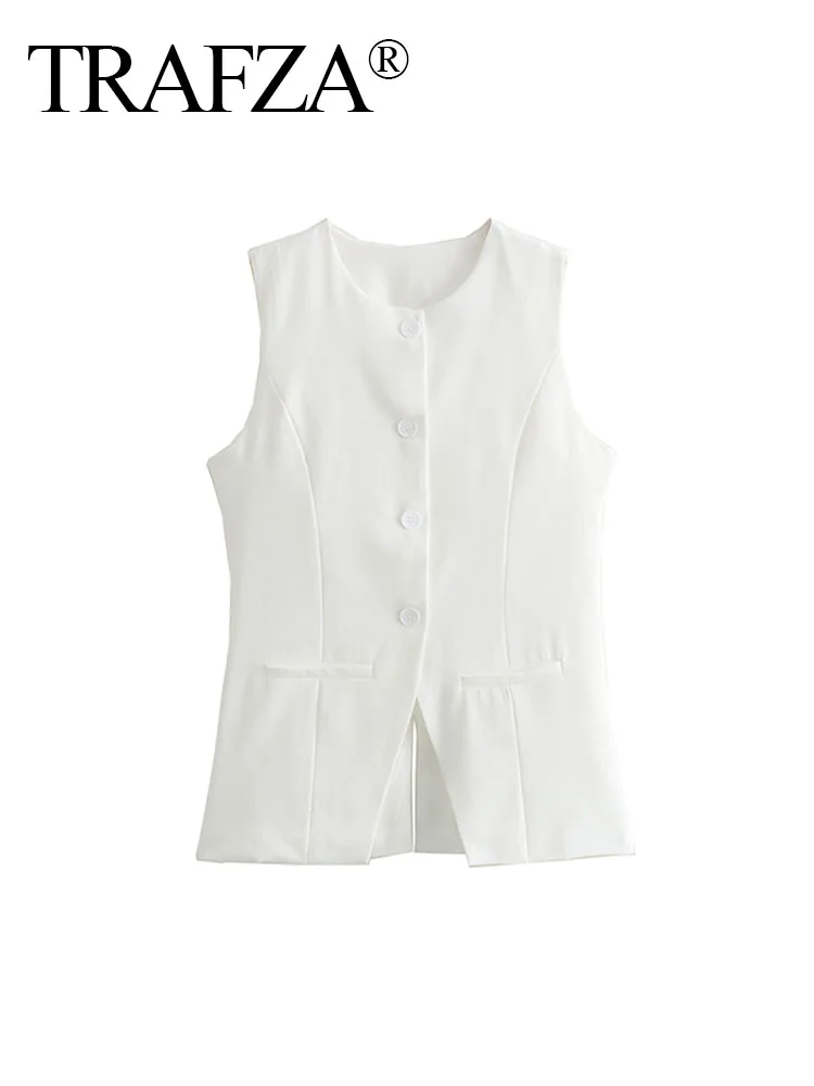 TRAFZA 2024 Female High Street White Vests Sleeveless With Buttons Hem Slit Summer Chic Tops Texture Woman Clothing Trendy