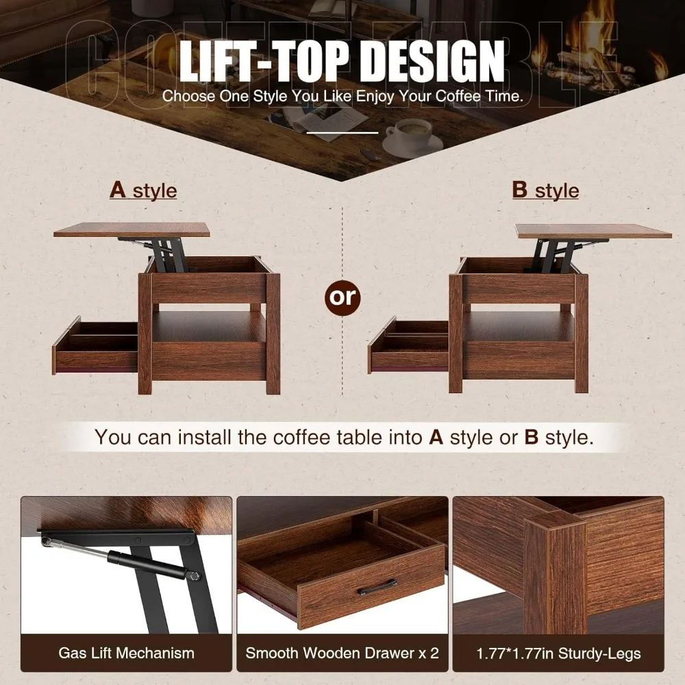 Coffee table, lift-up with drawers and hidden compartments, vintage central table with wooden lift-top, espresso color