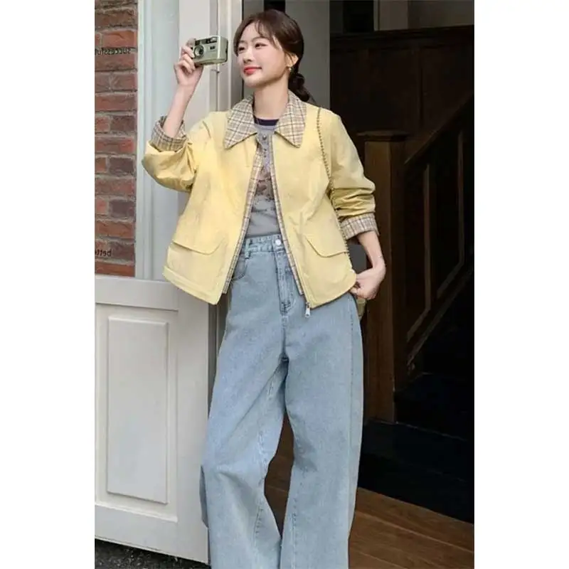 

Женская одежда, весенне-осенний модный однотонный женский кардиган на молнии с карманами, клетчатый лоскутный кардиган с длинными рукавами Coa