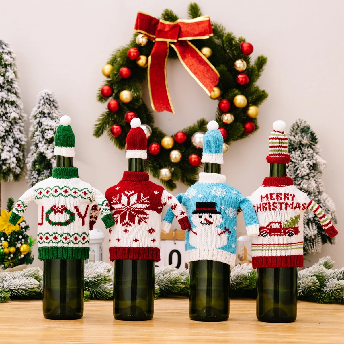 

Christmas Knitted Wine Bottle Cover Colorful Cartoon JOY Holiday Decorative Bottle Wrap 2025 Merry Christmas Gift Santa Claus