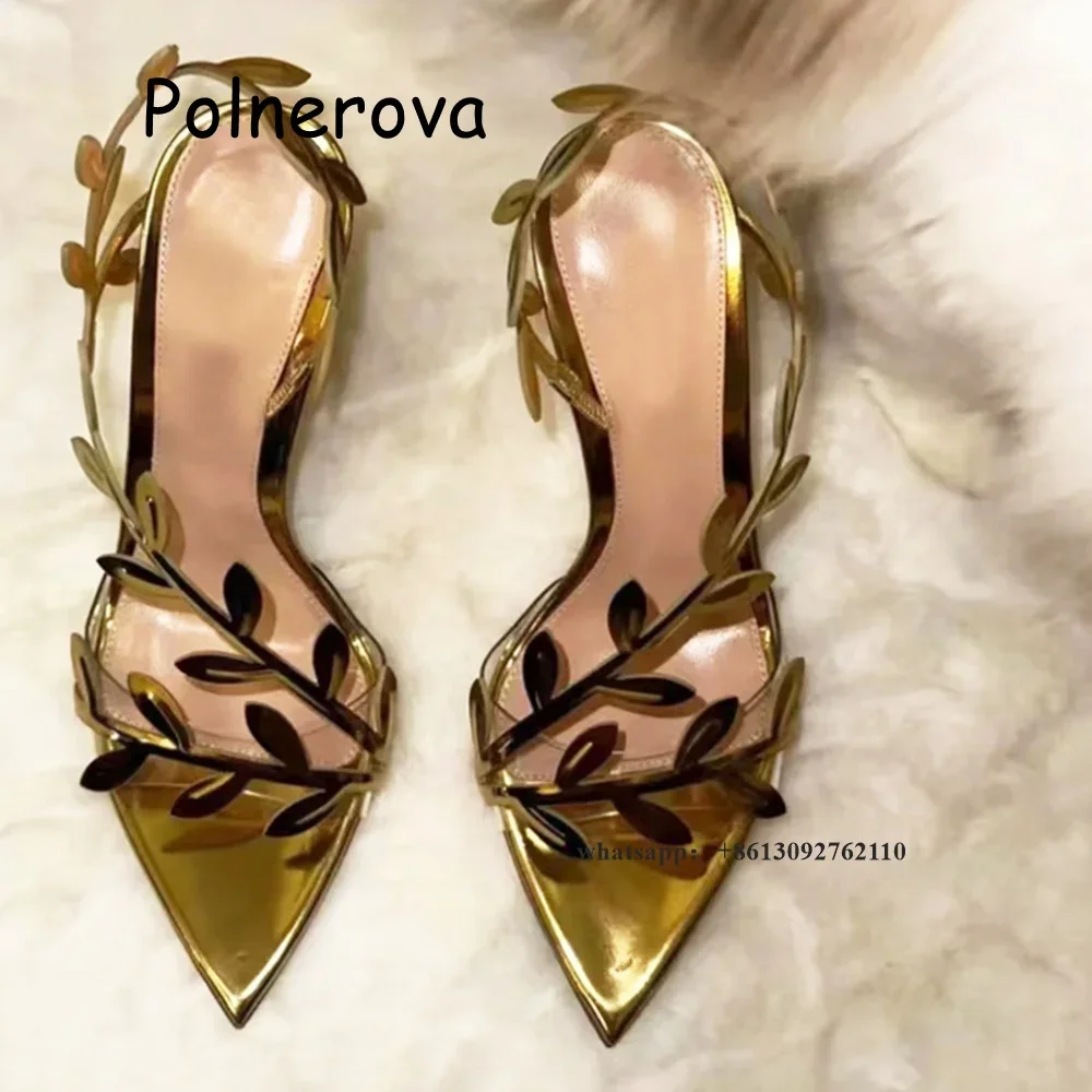 Metal Gold Leaves Sandals Pointed Toe Thin Heels Shoes Slip On Summer Party Women's Sexy Elegant Fashion Luxury Sandals 2024