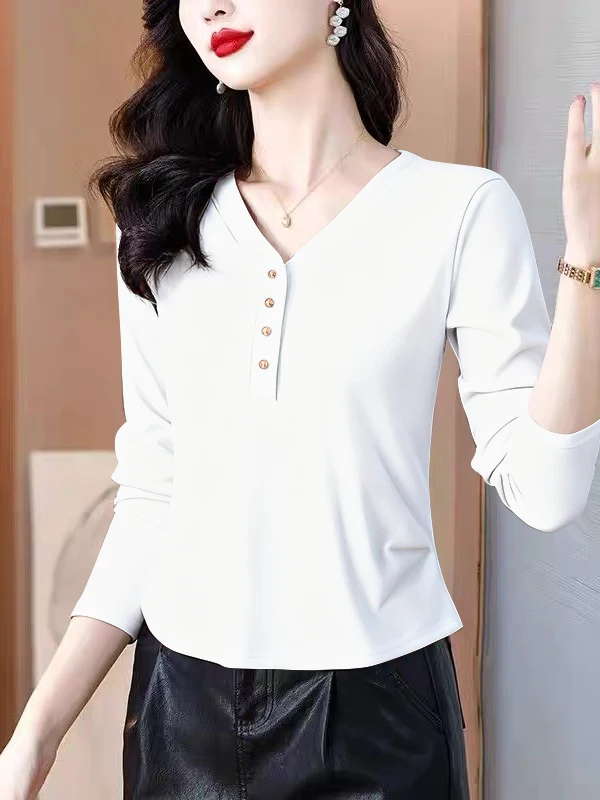 2025년 가을용 여성용 순면 슬림핏 허리 조임 기본 레이어 탑, 패셔너블한 플리츠 V넥 긴팔 티셔츠