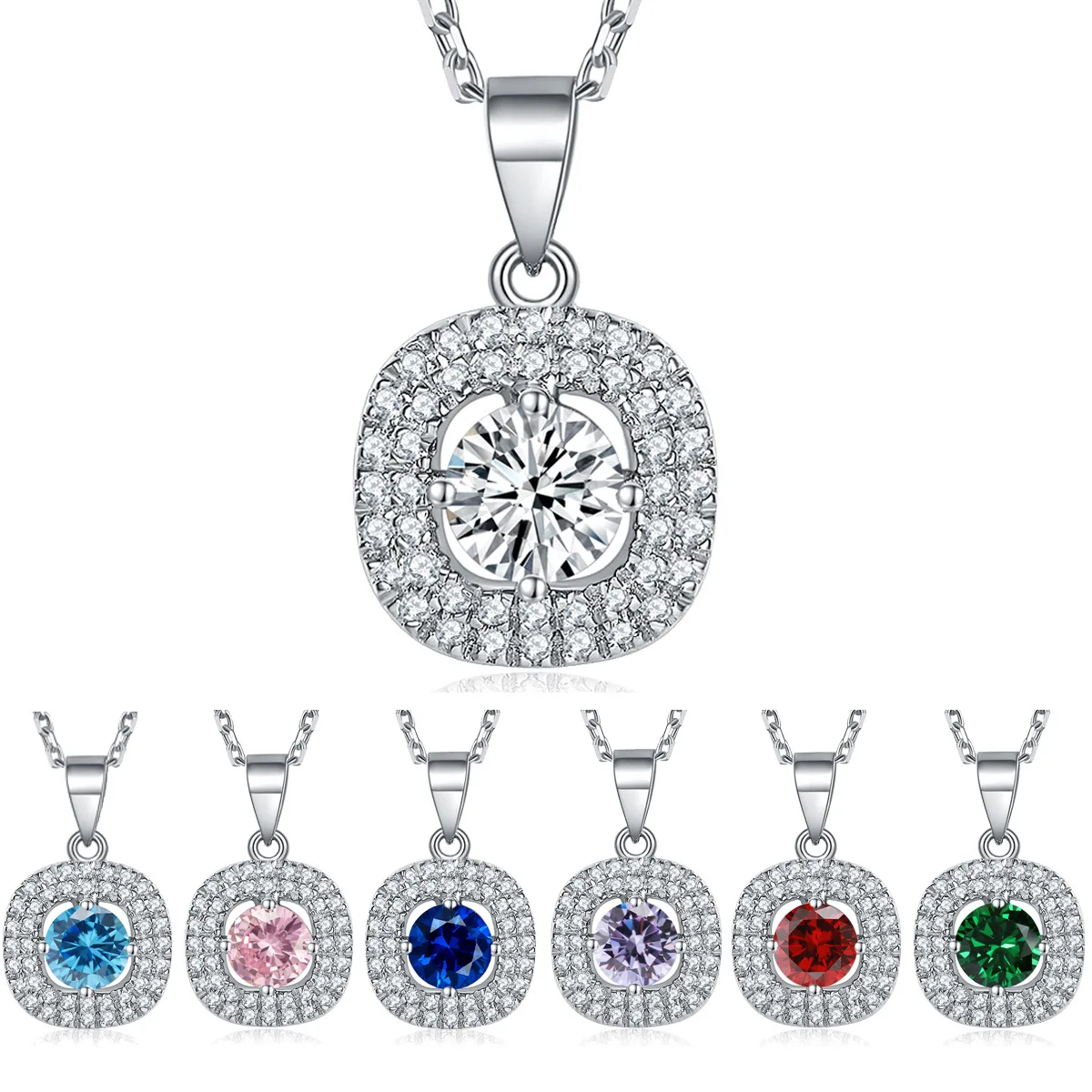 

S925 pure silver colored gemstone pendant square sea blue treasure fashionable simple necklace collarbone chain silver chain