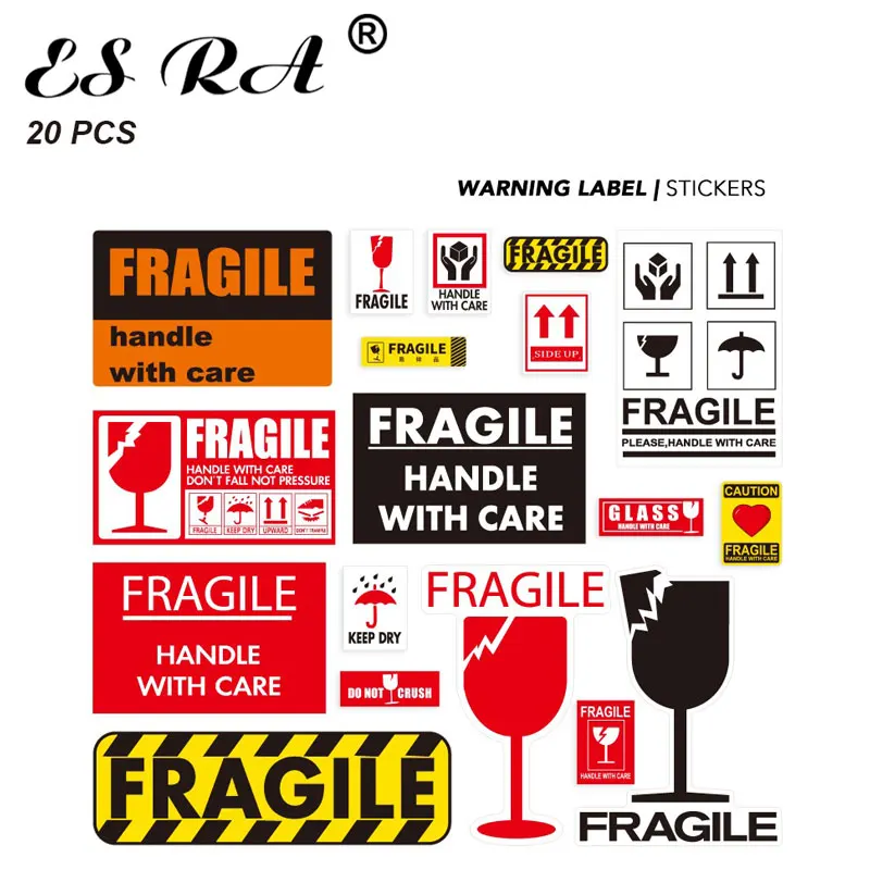 

20Pcs/Sets Warning Stickers Fragile Hand with care Sticker Waterproof Pvc Pegatinas Decorate for Suitcase Skateboard Cellphone