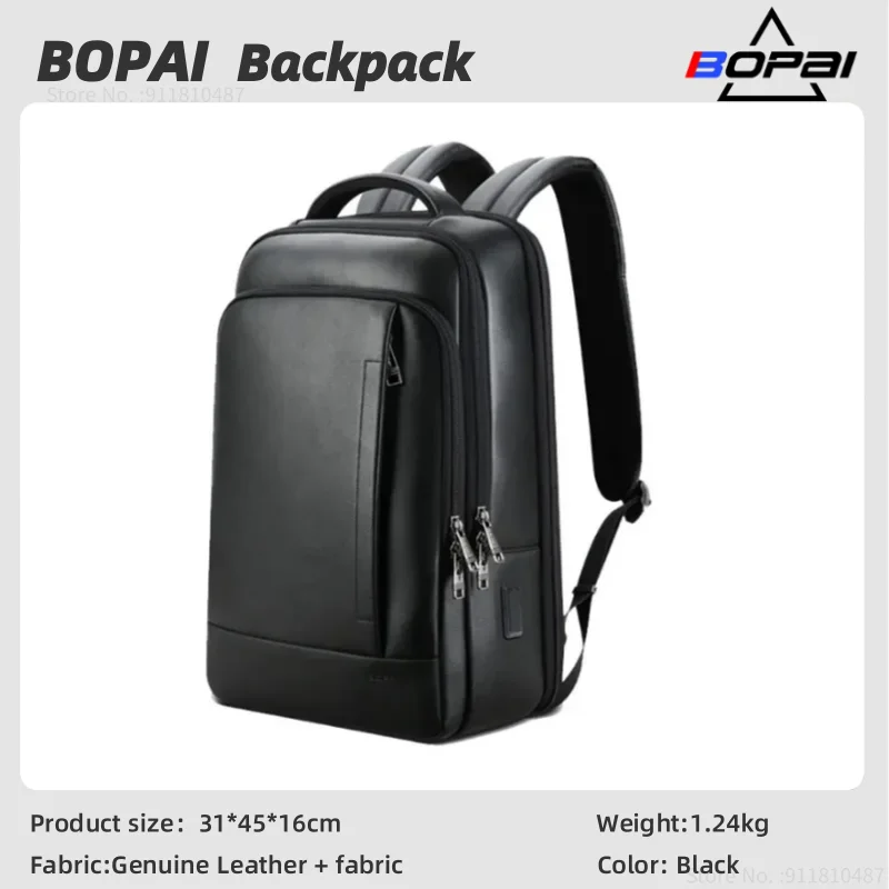 

BOPAI Genuine Leather Backpack Men Business 15.6 Inch Laptop Anti-Theft Waterproof Large Capacity Male luxurious Bags USB Charge