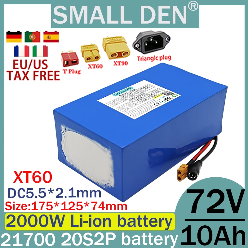 72V 10Ah 21700 lithium battery pack, A-class battery with long battery life of 30A BMS 2000W high-power battery,electric vehicle