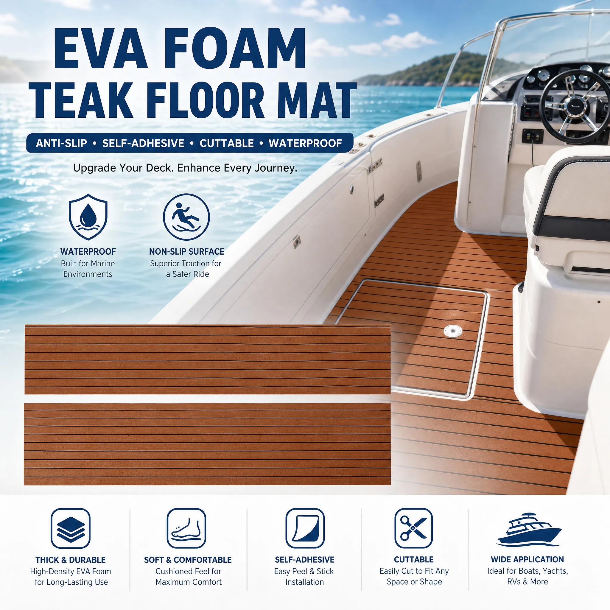 3 Colors Boat EVA Foam Teak Floor Mat Anti-Slip Self-Adhesive Pad Cuttable Waterproof Marine Carpet for Boat Deck RV Yacht