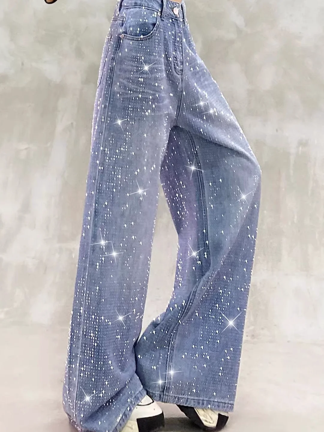 

Retro Heavy Embellied Women's High Waist Wide Leg Jeans Casual Sle Multi-ket Decorative Flaing Rhinestone Denim