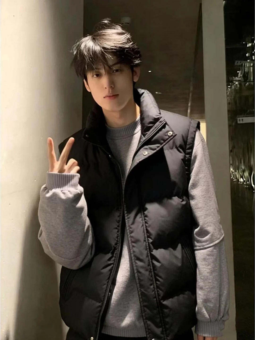 

Bla Stand Collar down Vest Men's Winter Sli Lazy Sle Warm Cotton Clothes Layered Wear Bal Jaet Top