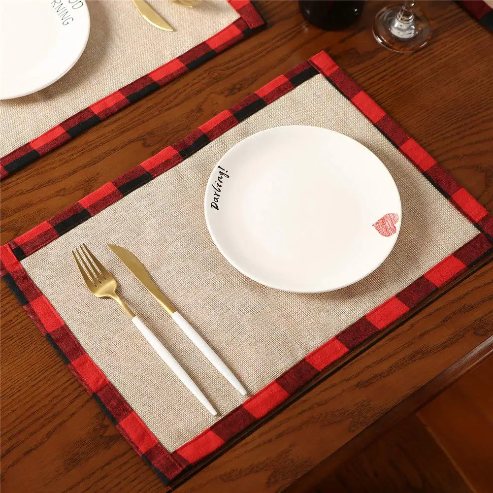 Christmas Buffalo Plaid Placemats Set of 6, Polyester and Burlap,Reversible Red and Black Buffalo Check Place Mats, Dining Table