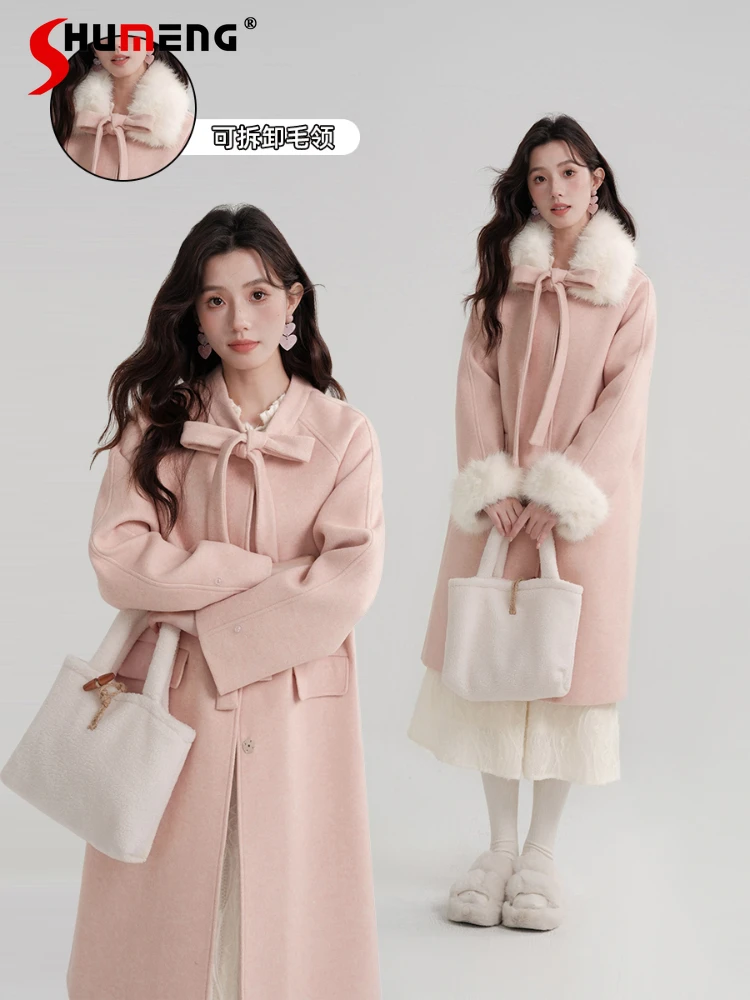 

Feminine High-end Pink Wool Woolen Coats Women's 2024 Winter New Blends Ladies Fur Collar Sweet Bow Long Sleeve Chic Woolen Coat