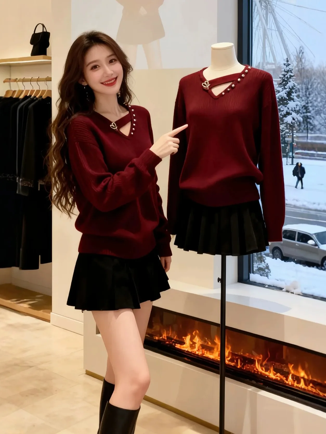 

Женский вязаный свитер с V-образным вырезом и длинными рукавами, осенне-зимний, больших размеров, красный, на Новый год, в стиле «Боевая броня», топ-пуловер