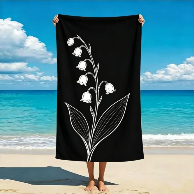 Large Microfiber Beach Towel, Black with White Rose Floral Print, Sand Free & Quick Dry, for Elegant Summer Use