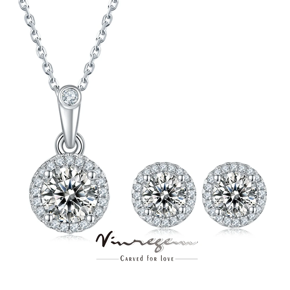 

Vinregem 100% 925 Sterling Silver 3EX VVS1 D Color Round Cut 5 MM Moissanite Sparkling Diamond Necklaces/Earrings Jewelry Sets