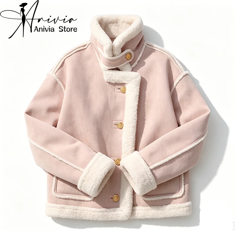 Women's Pink Winter Windproof Cold-resistant Cotton Jacket Coat French Elegant High-Street Aesthetic Loose Lamb Fur Warm Cotton