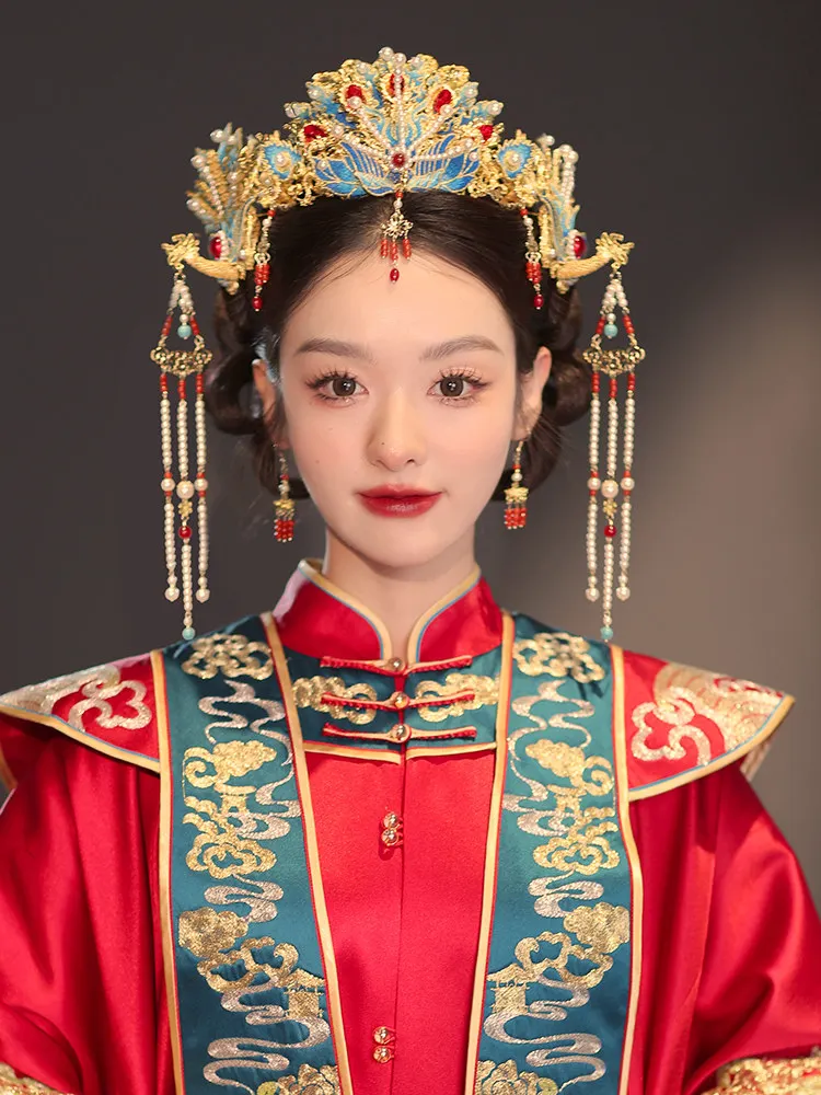 Chinese Traditional Phoenix Crown Bridal Headdress Tassel Pearl Hanfu Wedding Hair Accessories Cosplay Headpiece