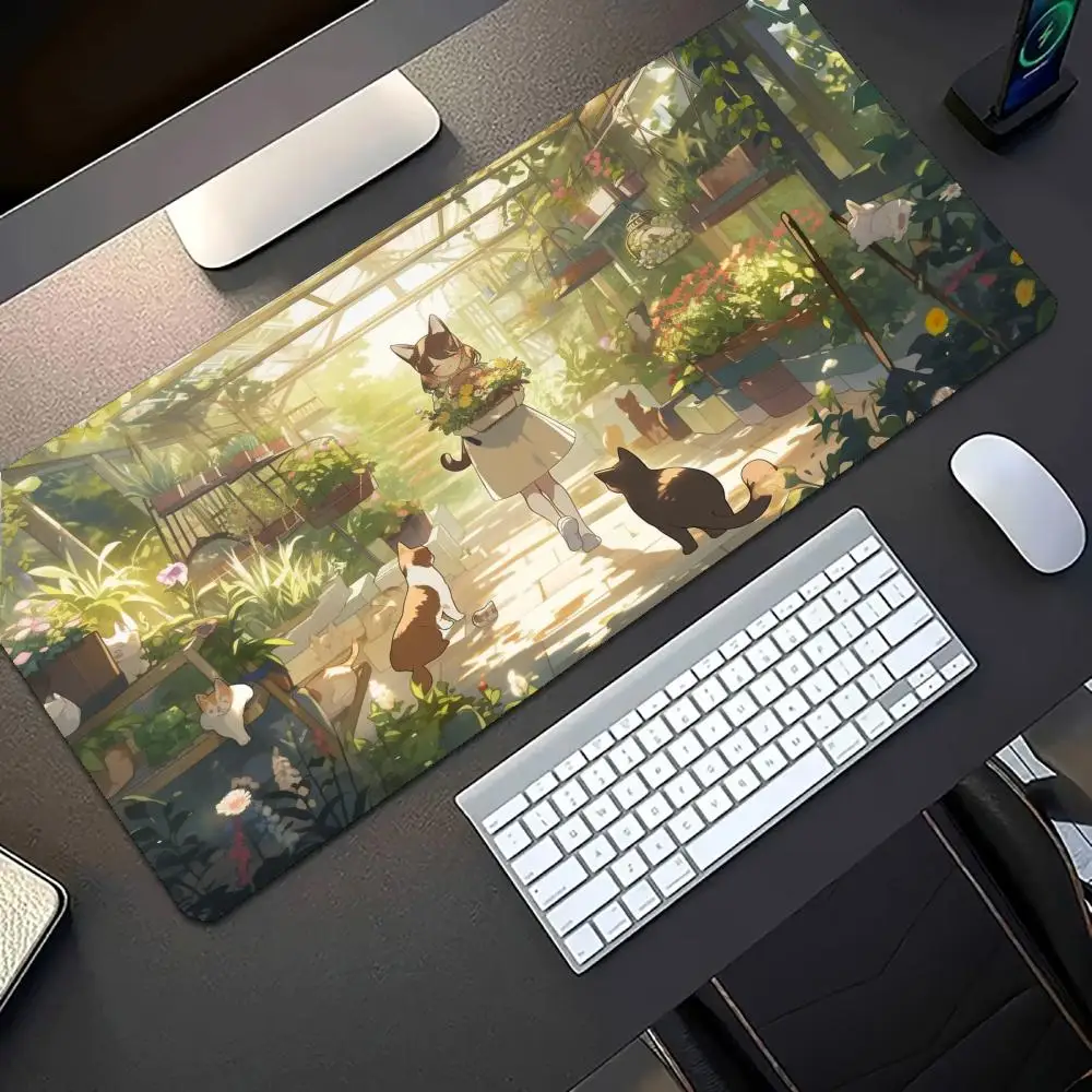Cute Cartoon Cat In Lush Green Forest Town Large Desk Mouse Pad Non Slip Rubber Keyboard Mat For Office Laptop Gaming Setup