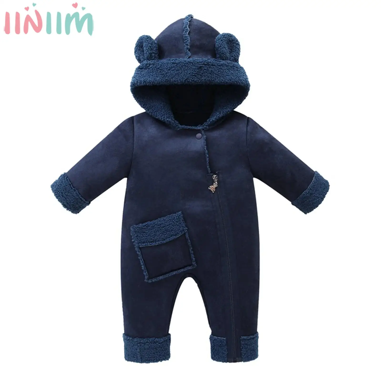 

Baby Boys Girls Winter Warm Fleece-Lined Hooded Romper Long Sleeve Zipper Thick Lamb Wool Jumpsuit with Hat for Daily Home Wear