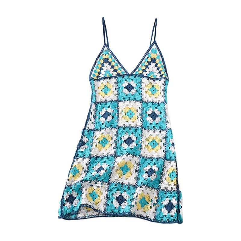 

Hollow Out Crochet Knit Geometric Casual A-Line Midi Sweater Cami Dress Women Beach Holiday Sundress 10CF