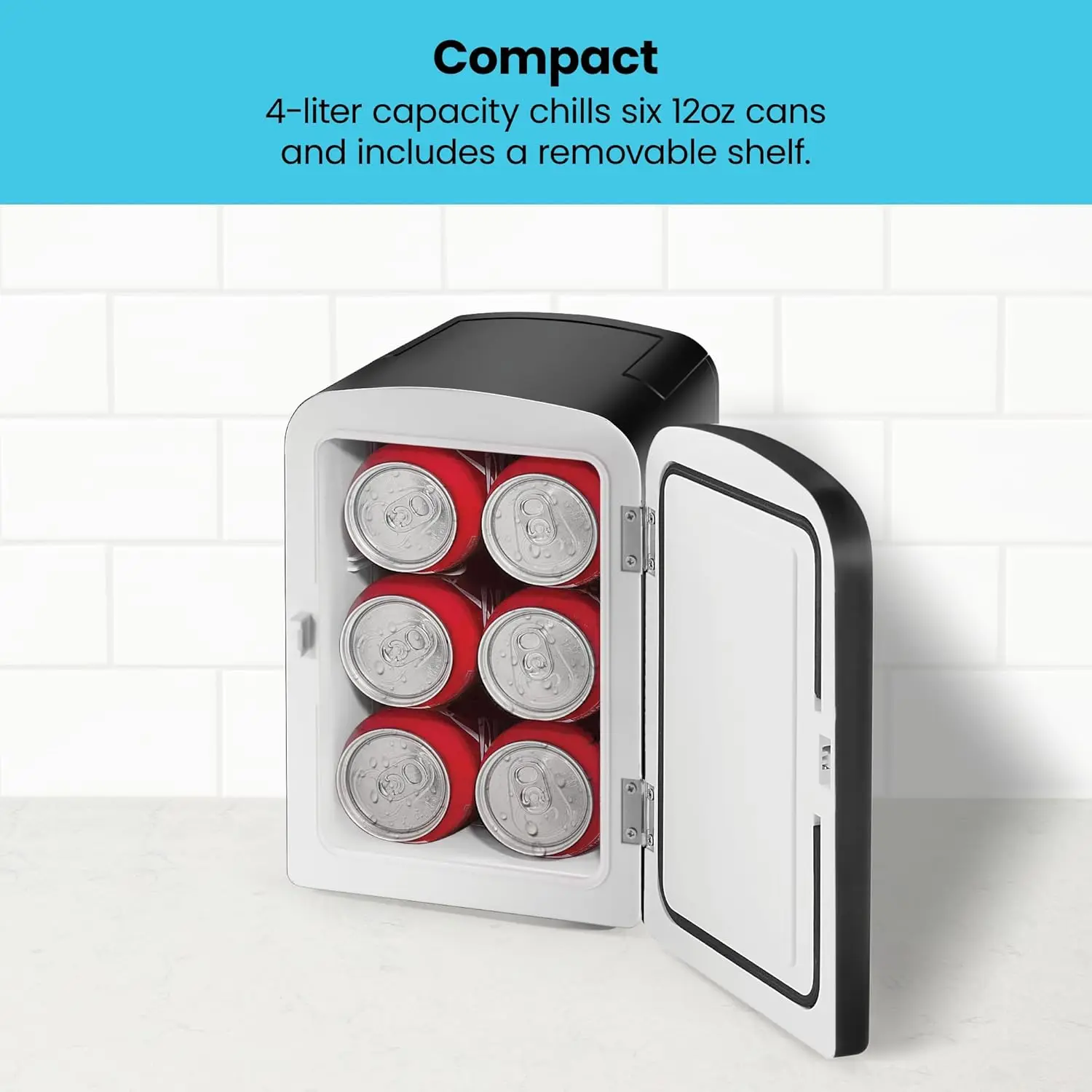 Compact Mini Personal Fridge, 4 Liter Capacity, Cools & Heats, Holds 6 x 12oz Cans, Freon-Free & Eco-Friendly, Includes AC Adapter & 12V Car Charger, Black Dry Erase Surface - view 3